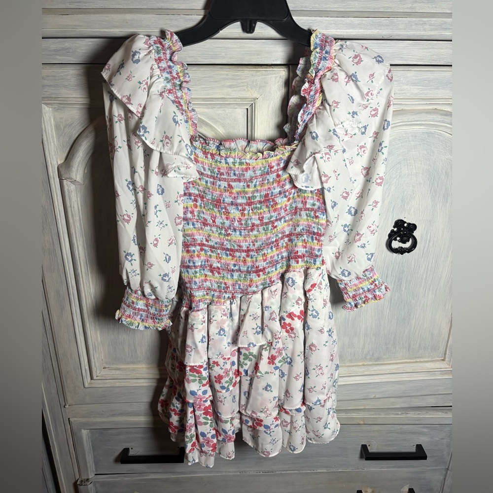 Yvonne & Love Smocked Disty Floral Asymmetric Ruffle Mini‎ Dress Flirty Dainty - Picture 3 of 9